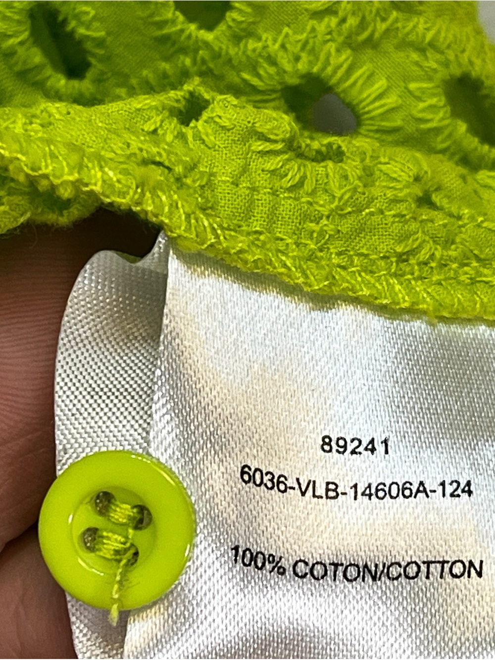 EUC - 100% Cotton Melanie Lynne Neon Green Eyelet Button-Front Camisole Top - Picture 6 of 10